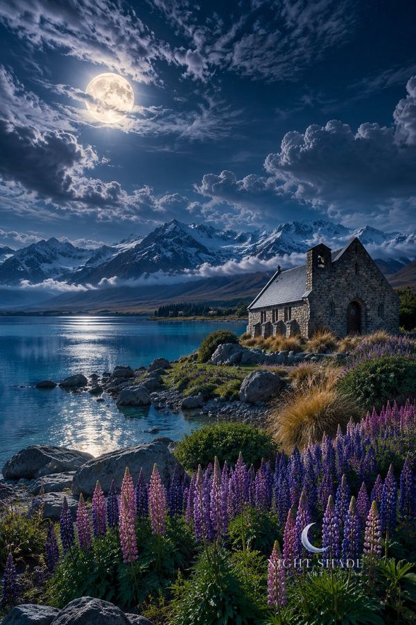 Moonlit Church of the Good Shepherd on Lake Tekapo in New Zealand, a small stone chapel above purple and pink lupins, Lake Tekapo Church Moon wall art poster and framed print