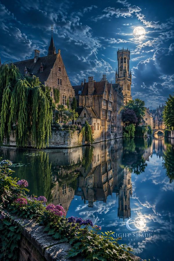 The Rozenhoedkaai in Bruges, Belgium, with stepped gables, a willow and the Belfry mirrored in the canal beneath a cloud-veiled moon, Bruges Canal Moon European city wall art poster and framed print