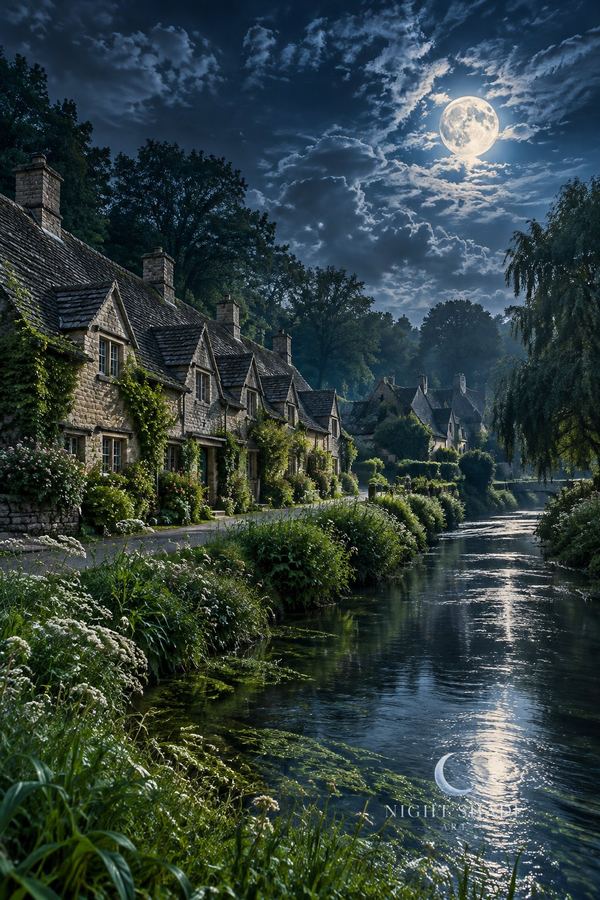 The honey-stone cottages of Arlington Row beside the River Coln in Bibury, England, under a cloud-veiled moon, Bibury Arlington Row Moon countryside wall art poster and framed print