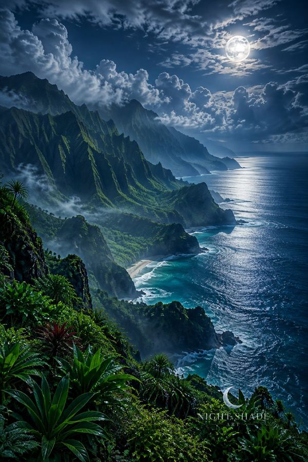Moonlit Na Pali Coast on Kauai, Hawaii, towering emerald sea cliffs plunging into a turquoise Pacific with secluded beaches, Na Pali Coast Moon wall art poster and framed print