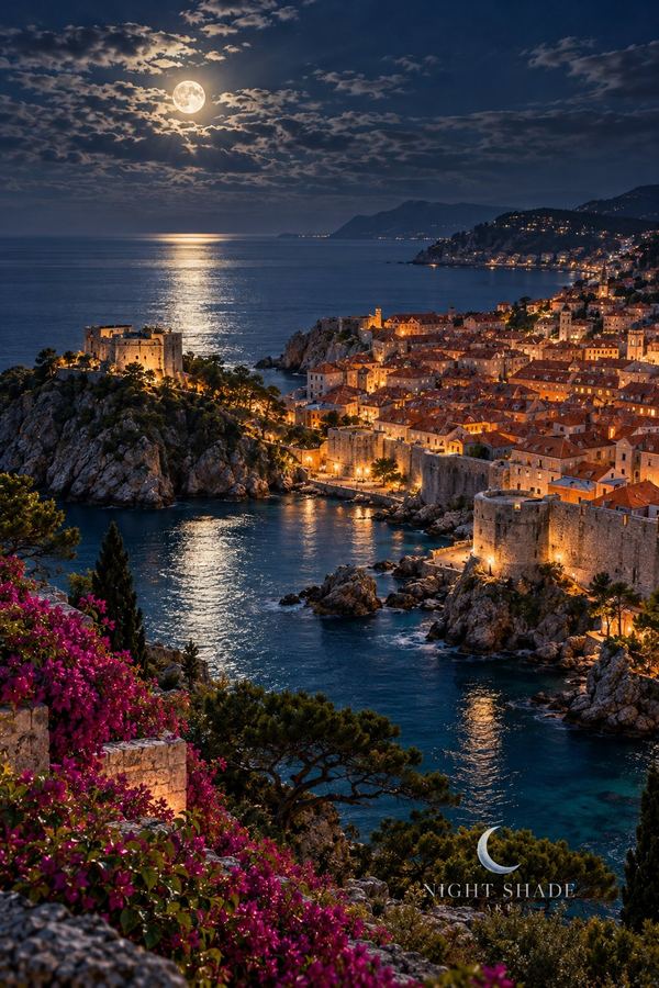 Dubrovnik’s medieval walls and terracotta roofs above the calm Adriatic, with Fort Lovrijenac on its cliff beneath a cloud-veiled moon, Dubrovnik Old Town Moon European city wall art poster and framed print