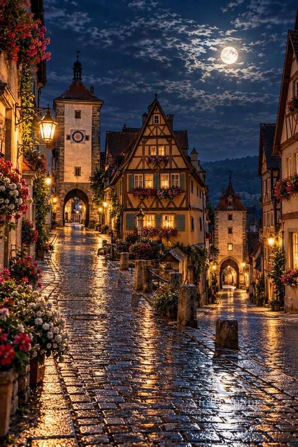 Lamplit cobblestones forking around a half-timbered house in Rothenburg ob der Tauber, Germany, beneath a cloud-veiled moon, Rothenburg Old Town Moon European city wall art poster and framed print