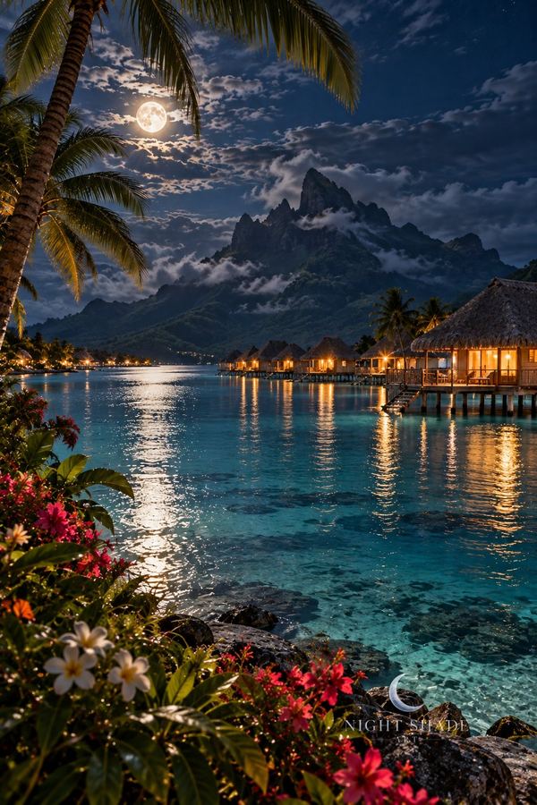 Moonlit Bora Bora lagoon in French Polynesia, thatched overwater bungalows with warm lights over calm turquoise water, palm trees, Bora Bora Lagoon Moon wall art poster and framed print