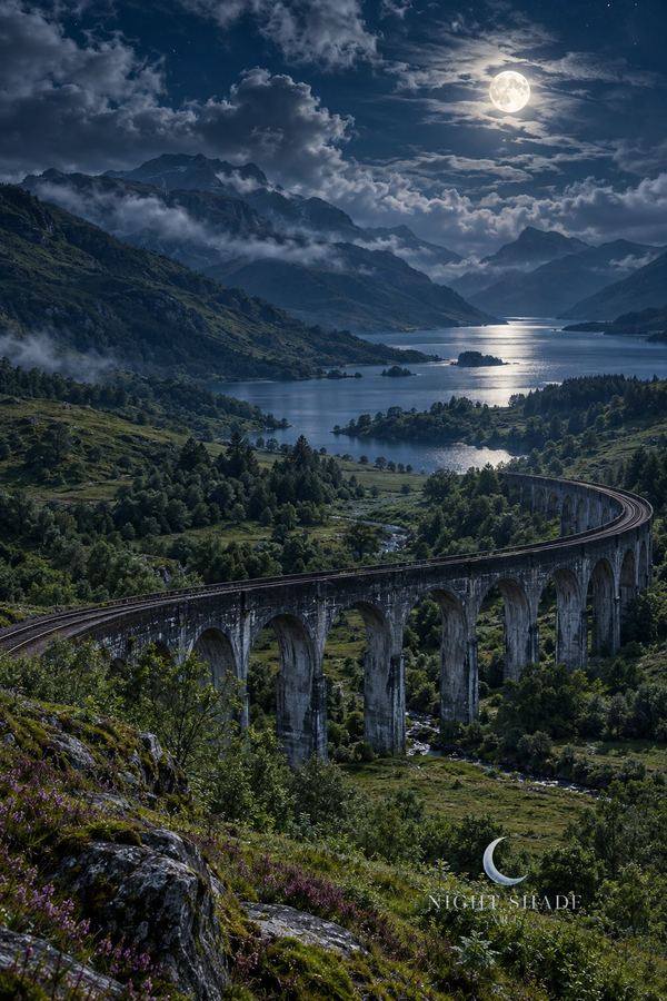 Moonlit Glenfinnan Viaduct in the Scottish Highlands, Scotland, its curving stone arches spanning a green glen, Loch Shiel and misty mountains beyond, Glenfinnan Viaduct Moon wall art poster and framed print