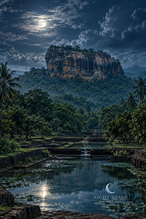 Moonlit Sigiriya Lion Rock in Sri Lanka, the flat-topped rock fortress rising sheer above the jungle, palm trees on either side, Sigiriya Rock Moon wall art poster and framed print