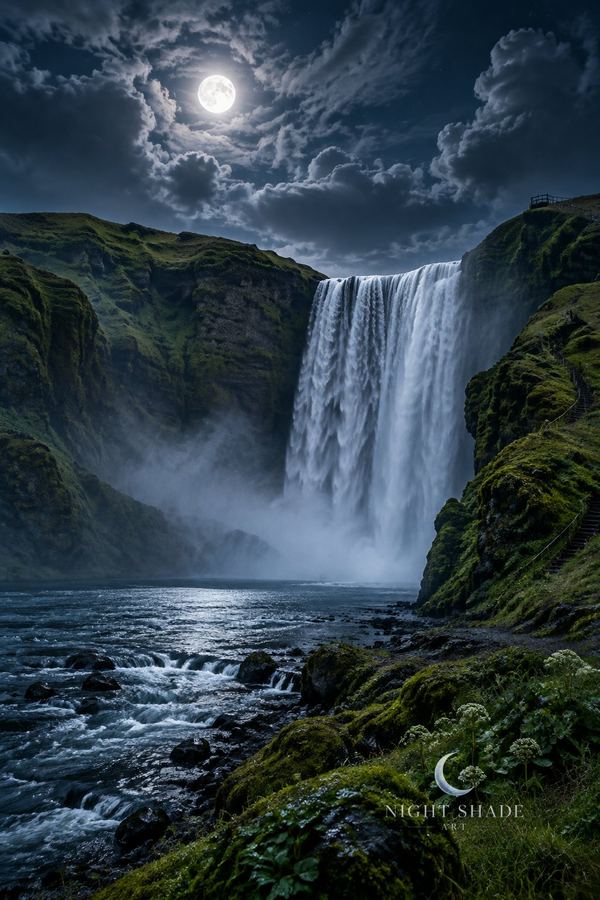 Skógafoss pouring a wide white curtain over mossy cliffs in south Iceland beside its staircase path under a full moon, Skógafoss Waterfall Moon waterfall wall art poster and framed print