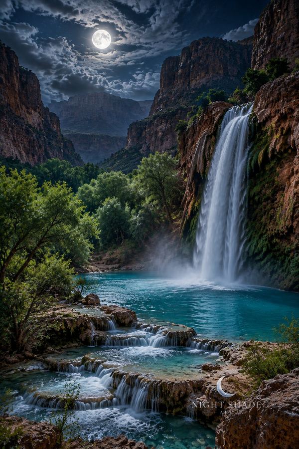 Havasu Falls plunging from red canyon rock into a turquoise travertine pool in the Grand Canyon under a full moon, Havasu Falls Moon waterfall wall art poster and framed print