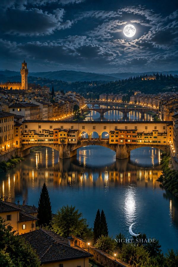 Moonlit Ponte Vecchio in Florence, Tuscany, Italy, the medieval stone bridge and its row of shops with warm lit windows spanning the calm Arno on, Ponte Vecchio Florence Moon wall art poster and framed print