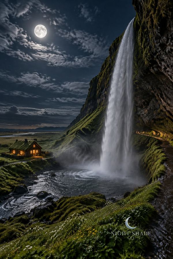 Moonlit Seljalandsfoss waterfall in south Iceland, a tall slender white fall dropping from a dark moss-covered cliff into a misty pool, Seljalandsfoss Waterfall Moon wall art print